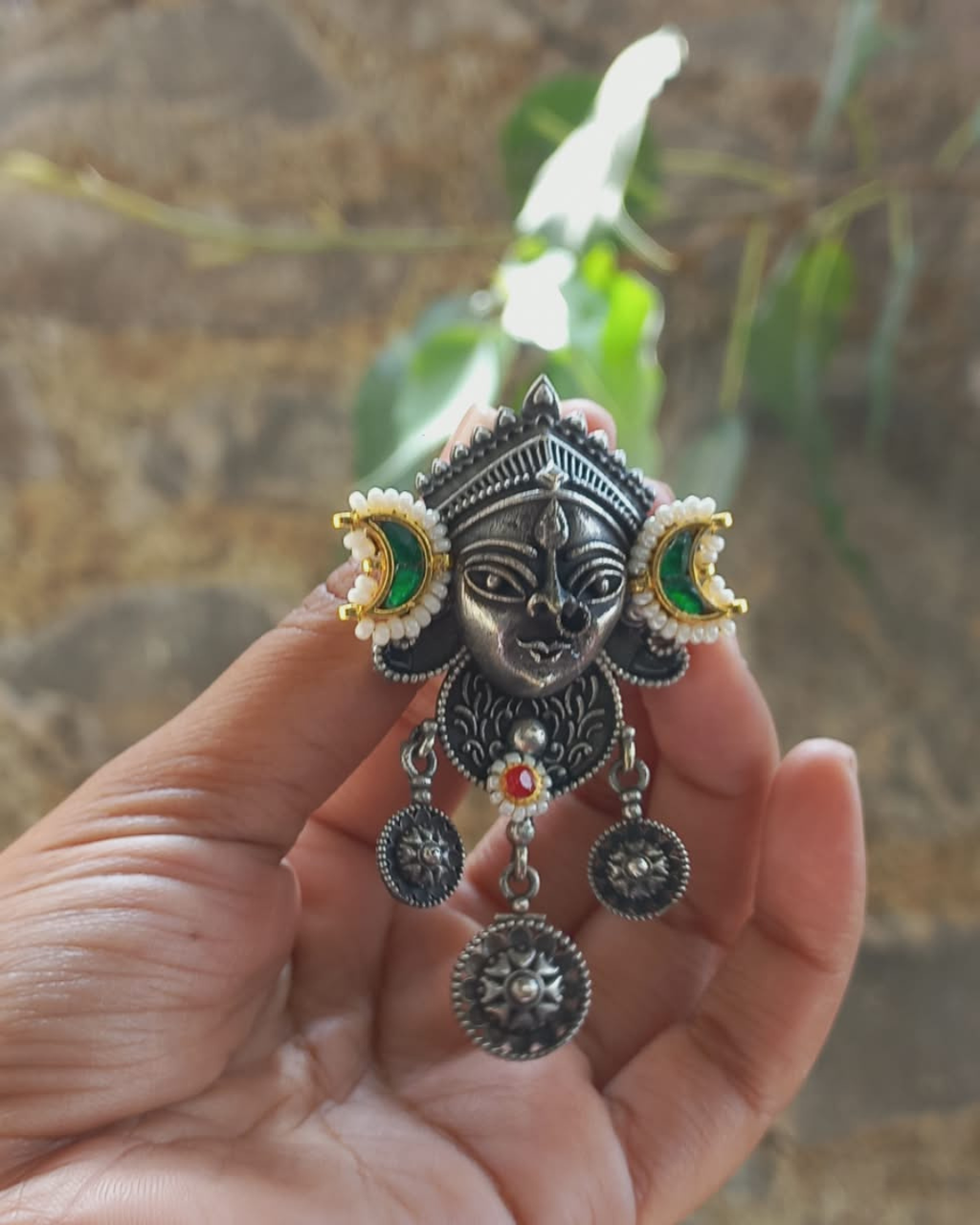 Antique Goddess Face Oxidized Silver Statement Earrings