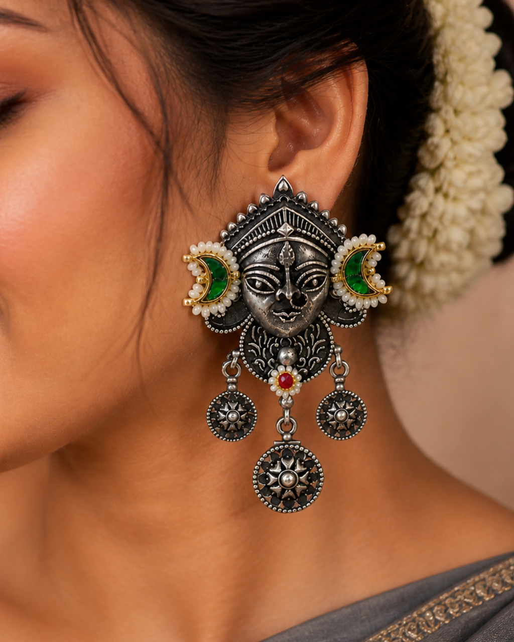 Antique Goddess Face Oxidized Silver Statement Earrings