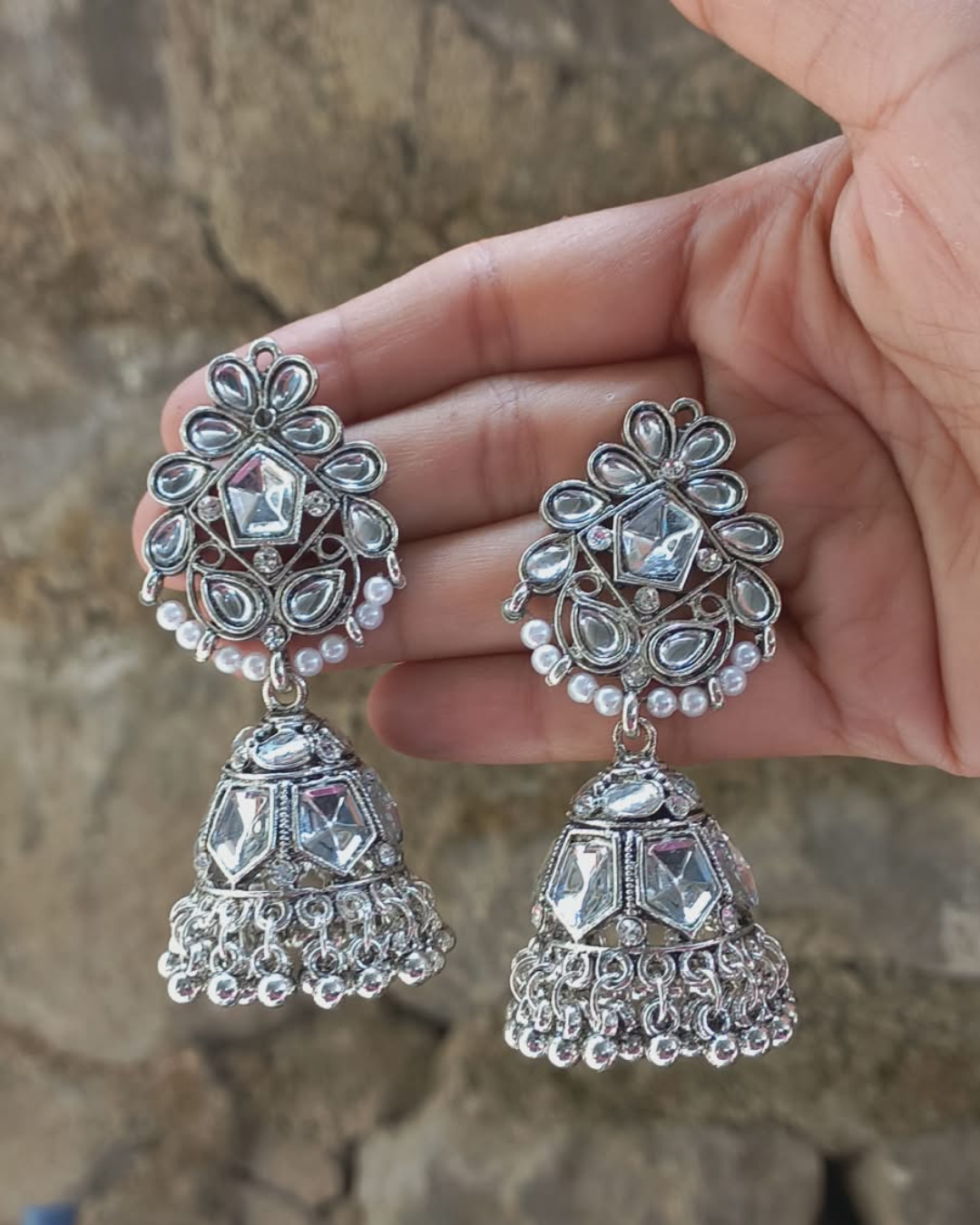 Mirror Work Oxidized Silver Jhumka