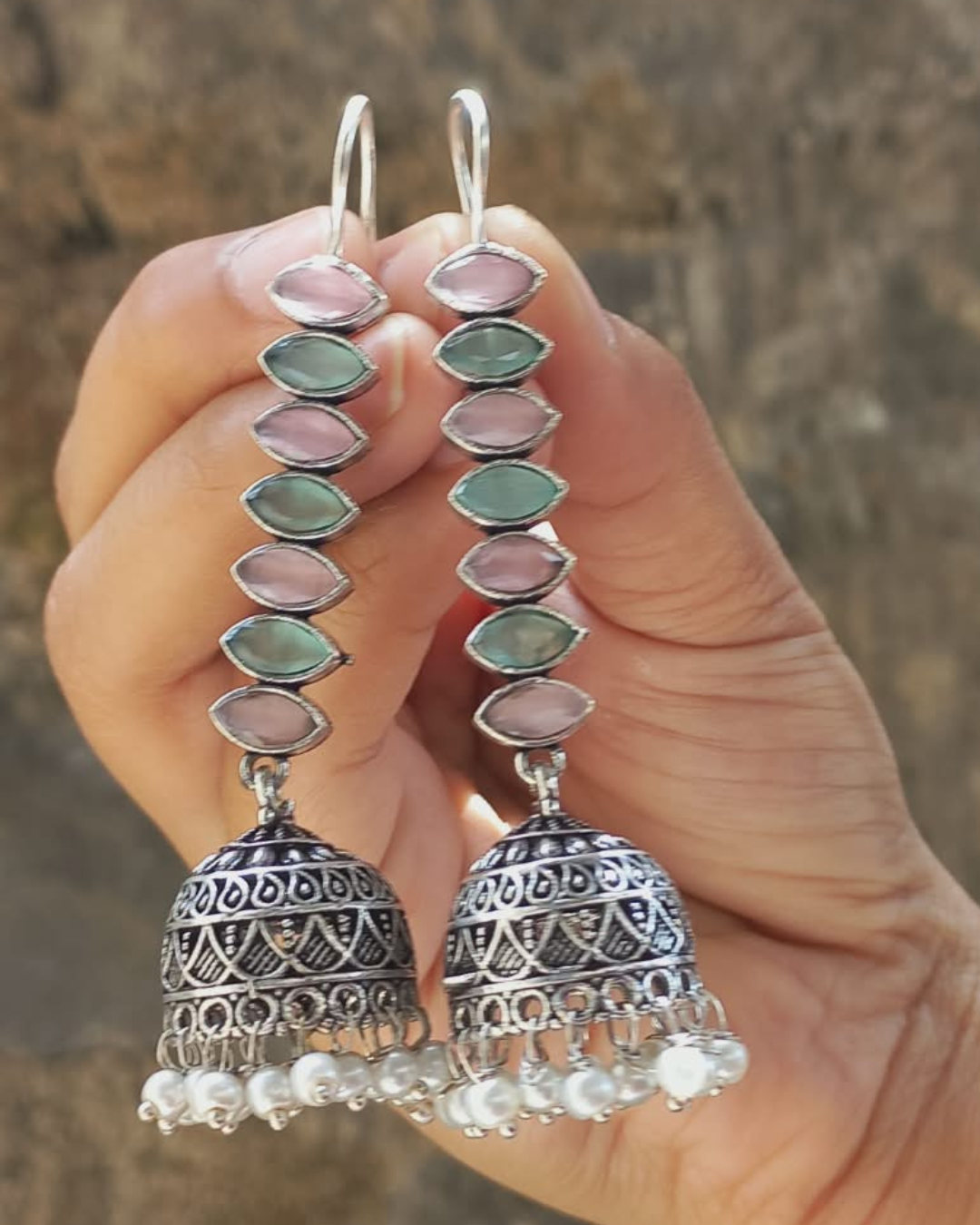 Pastel Stone Long Drop Jhumka