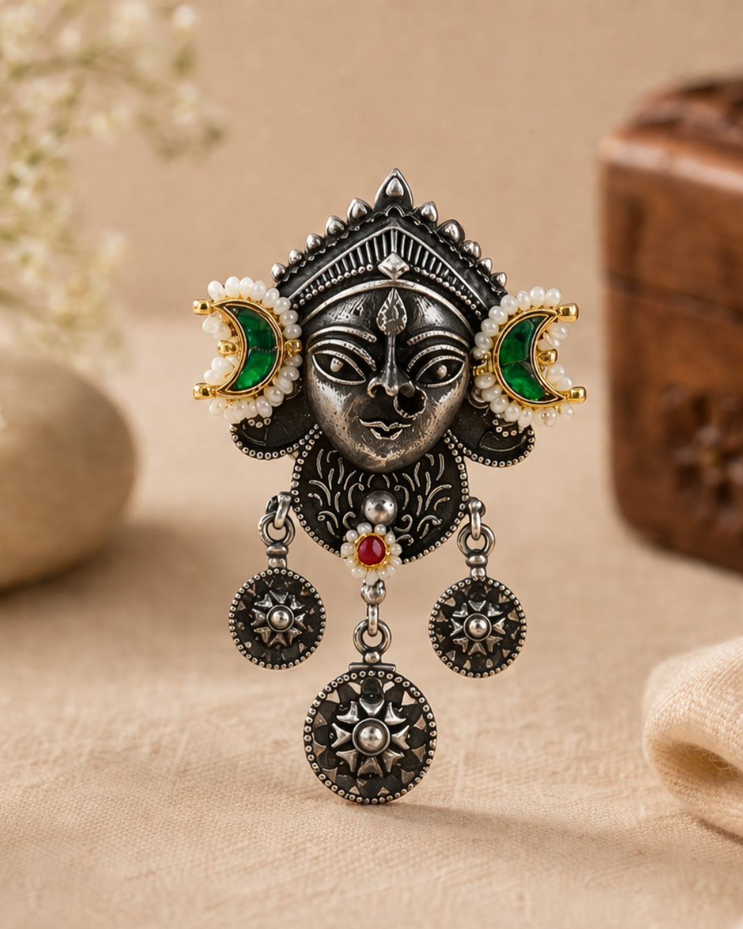 Antique Goddess Face Oxidized Silver Statement Earrings