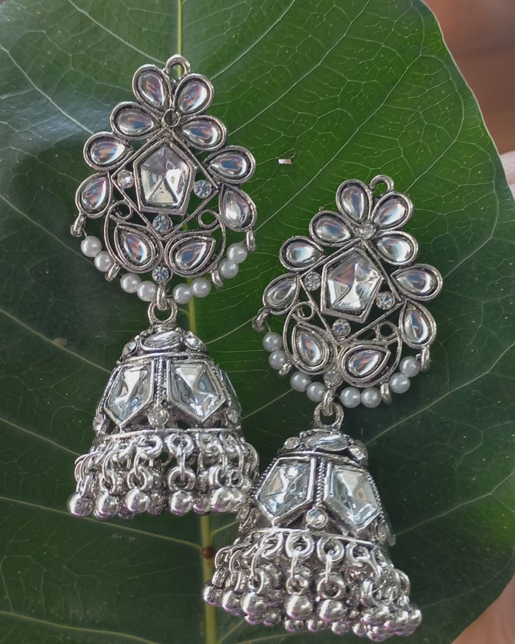 Mirror Work Oxidized Silver Jhumka