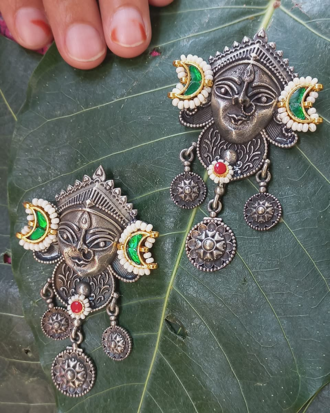 Antique Goddess Face Oxidized Silver Statement Earrings