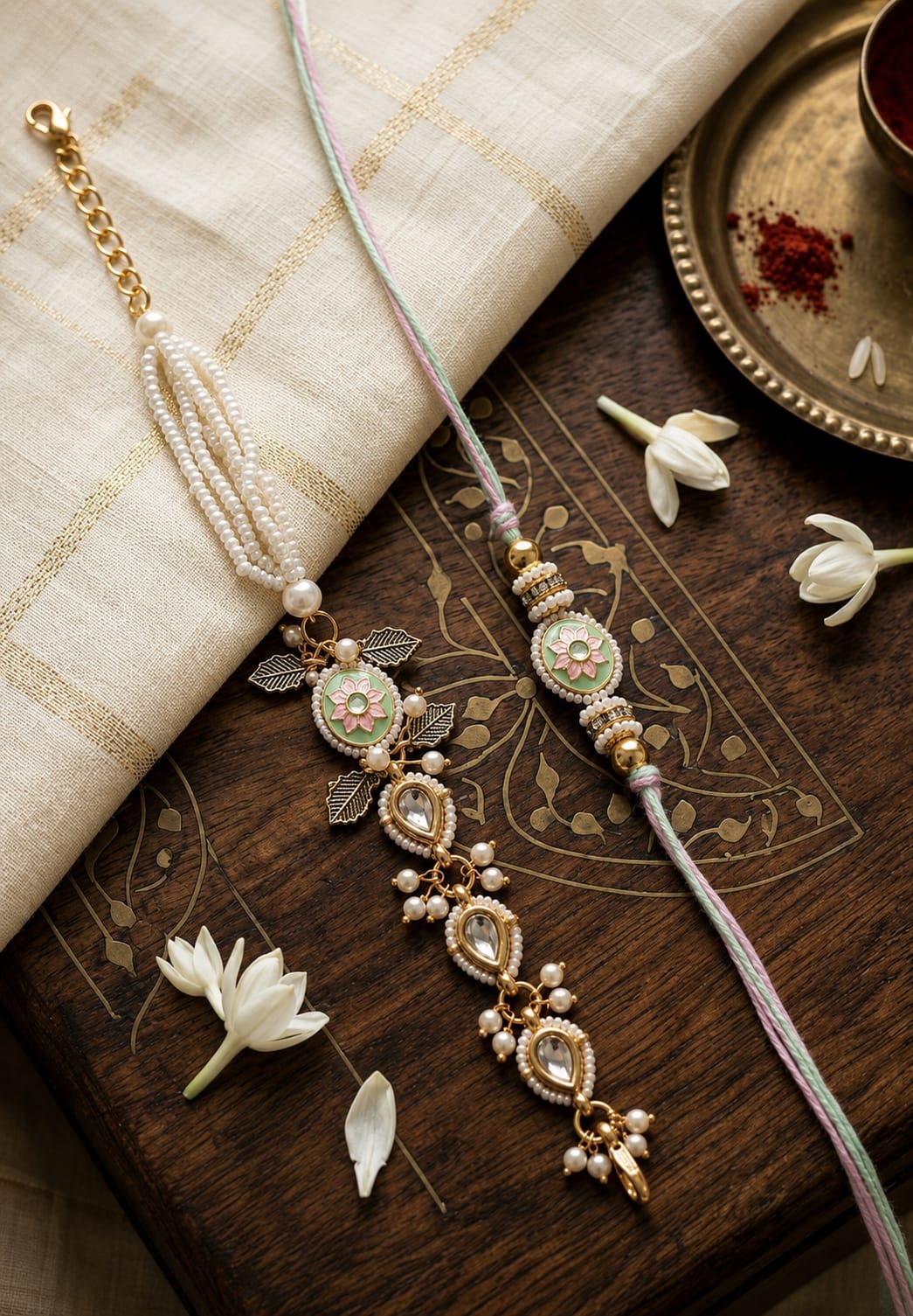 Pearl Blossom Rakhi Combo